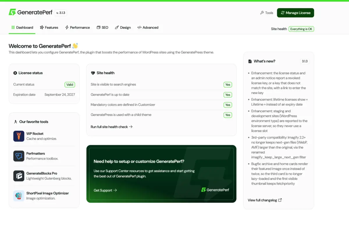 GeneratePerf dashboard in WordPress: license status, site health, recommended tools and latest changes