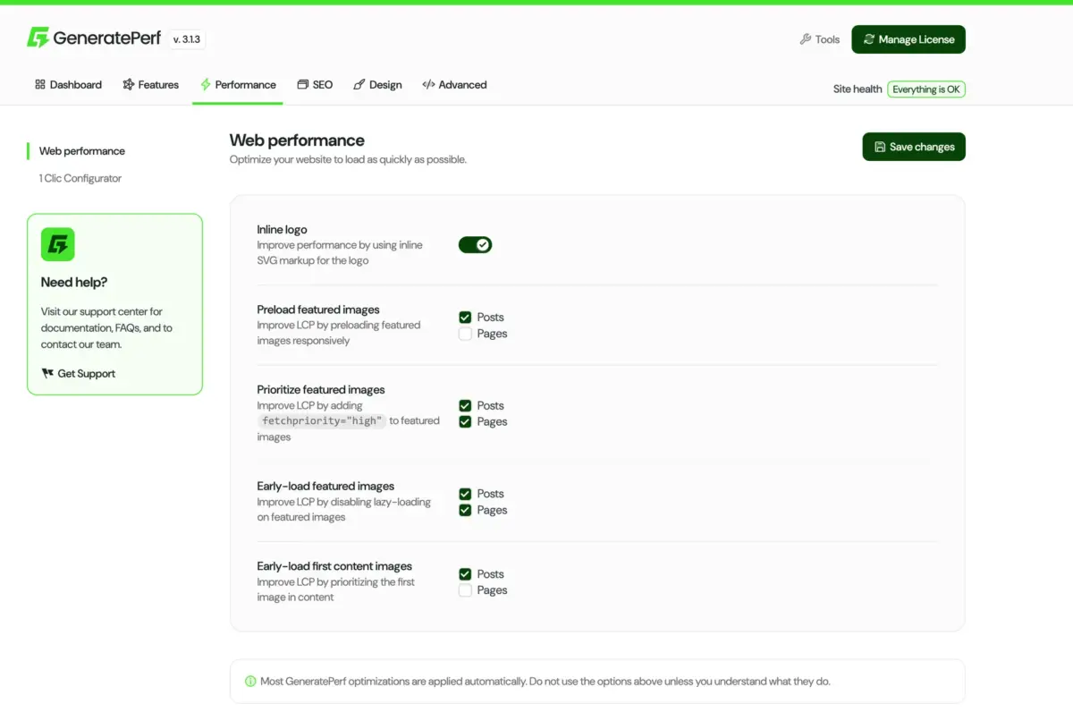 GeneratePerf Web performance settings: inline logo, preloaded and prioritised featured images, early-loaded content images